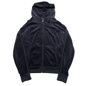 Y2K Juicy Couture Womens M Velour Full Zip Hoodie Jacket Navy Blue